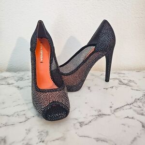 Via Spiga Black and White Stiletto Heels with Peep-Toe